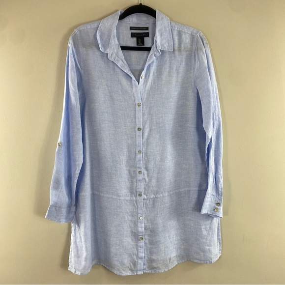 Tahari Women’s Sky Blue Gray‎ 100% Linen Button Front Top Blouse Tunic Sz L - Picture 2 of 13